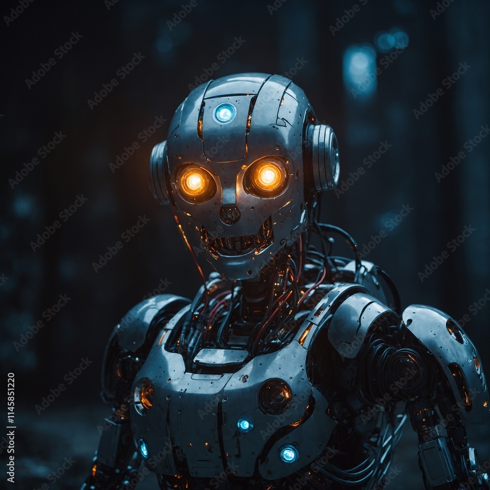 Fototapeta premium A robot with glowing orbs embedded in its chest and shoulders.