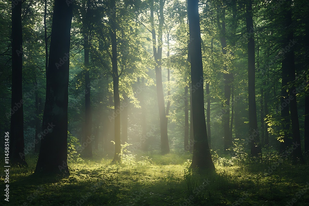 Fototapeta premium Sunlit Forest Path Morning Mist Envelops Trees