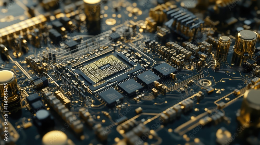 A zoomed-in image of a microchip processor embedded on a circuit board, with gold-plated connectors and soldered components visible A zoomed-in image of a microchip processor embedded on a circuit board, with gold-plated connectors and soldered components visible