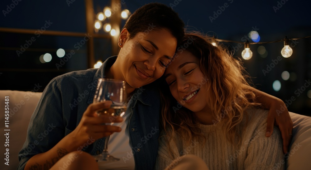 Intimate evening with a multiracial lesbian couple sharing delightful moments Intimate evening with a multiracial lesbian couple sharing delightful moments