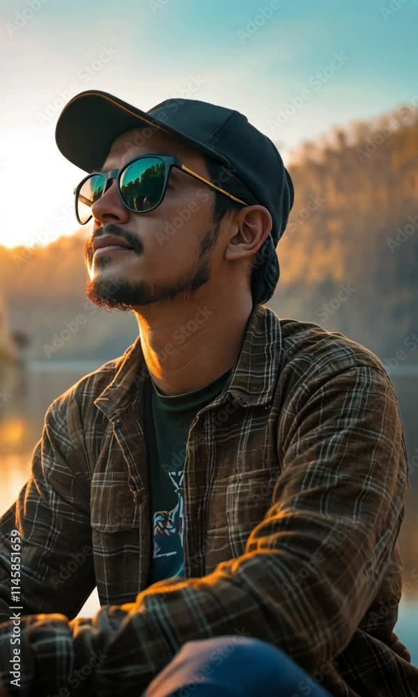 Man in Plaid Shirt and Sunglasses Contemplating at Sunset by a Lake Man in Plaid Shirt and Sunglasses Contemplating at Sunset by a Lake