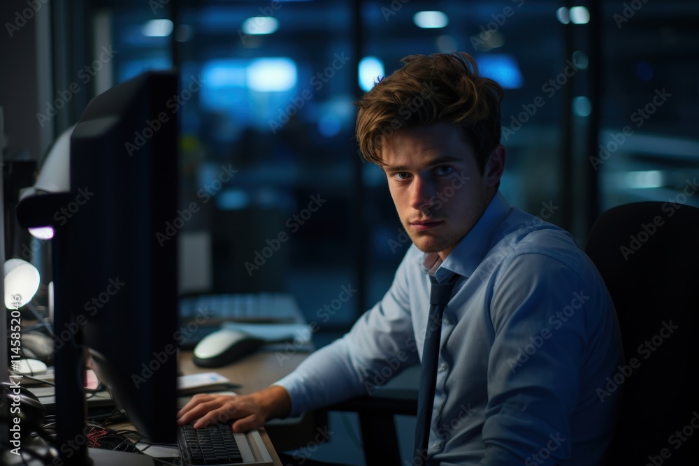 A man is sitting at a desk with a computer monitor in front of him A man is sitting at a desk with a computer monitor in front of him