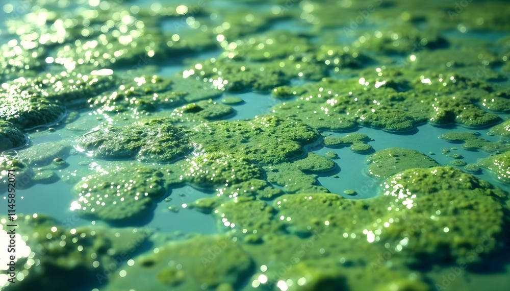 Close-up of green algae on a surface, highlighting the impact of water pollution on aquatic ecosystems Close-up of green algae on a surface, highlighting the impact of water pollution on aquatic ecosystems
