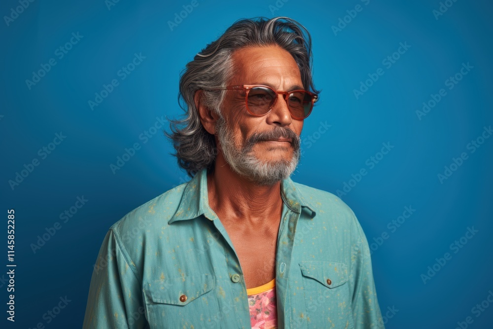 Obraz premium A man with a beard and glasses is wearing a blue shirt and sunglasses