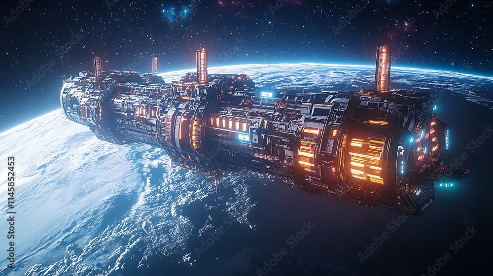 Futuristic Spaceship Orbiting A Blue Planet Futuristic Spaceship Orbiting A Blue Planet