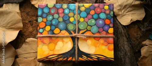 Vibrant gift box adorned with a tree design showcasing colorful circles on a rustic background with autumn leaves