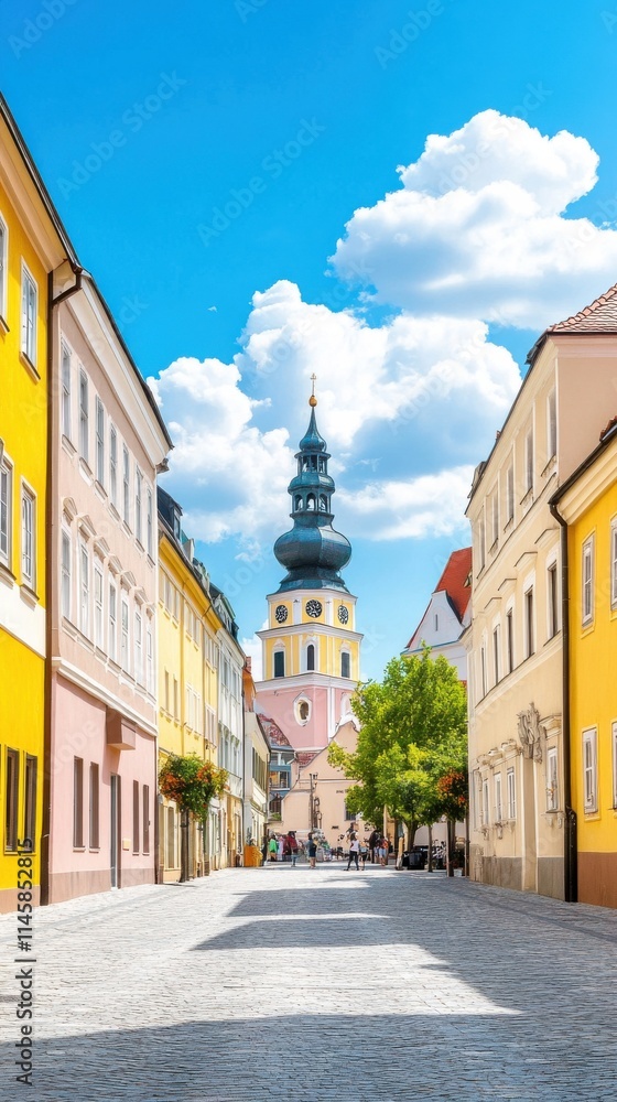 Fototapeta premium Charming European Street View with Colorful Buildings and Historic Church Tower Under a Bright Blue Sky with Fluffy White Clouds in a Serene Urban Setting