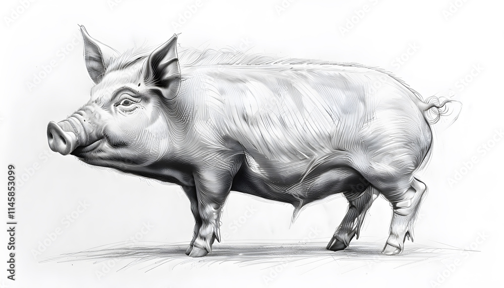 Black pencil sketch of a pig in side view on a white background, for farm animals designs Black pencil sketch of a pig in side view on a white background, for farm animals designs