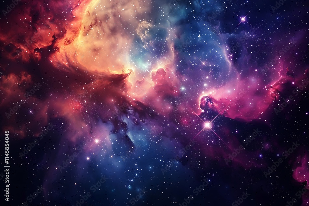 Obraz premium Breathtaking Landscape Photo of a Colorful Space Nebula Capturing the Vibrant Beauty and Wonders of the Cosmos, A vibrant image of a galaxy filled with colorful stars. Perfect for science.