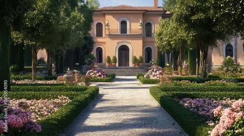 Villa Angiolina surrounded by a vibrant flowerbed leading to an elegant entrance in a picturesque garden setting photo