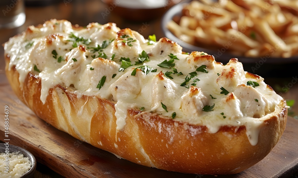 a hearty Chicken Alfredo Bread Boat, Generative AI a hearty Chicken Alfredo Bread Boat, Generative AI