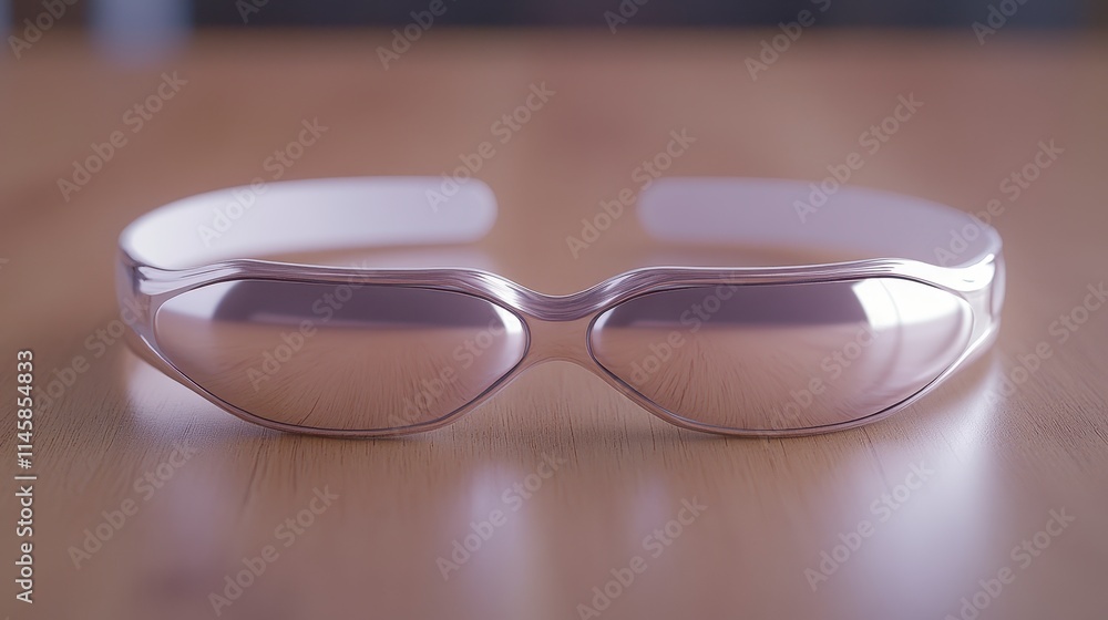 Sleek, modern sunglasses with a reflective lens design resting on a wooden surface, showcasing a minimalistic aesthetic. Sleek, modern sunglasses with a reflective lens design resting on a wooden surface, showcasing a minimalistic aesthetic.