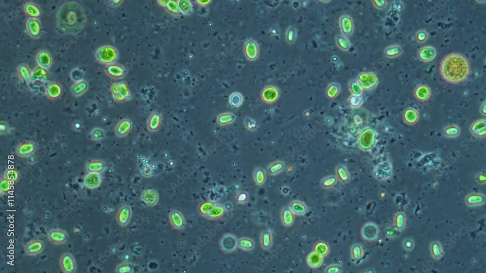 Unicellular green algae at high magnification of a microscope on a dark ...