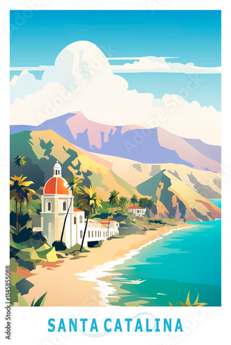 Santa Catalina Island USA, California state illustrated poster in retro style. Vintage travel booklet, postcard, print, cover with scenic coastline, shore photo