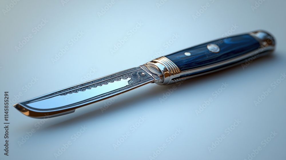 Elegant engraved pocket knife with blue handle.