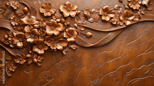 Handmade carved wooden background featuring intricate floral designs and elegant ribbons in warm tones of brown and copper