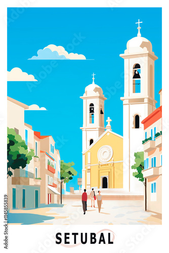 Setubal Portugal illustrated poster in retro style. Vintage travel booklet, brochure, postcard, print, cover with skyline, houses, neighborhood photo