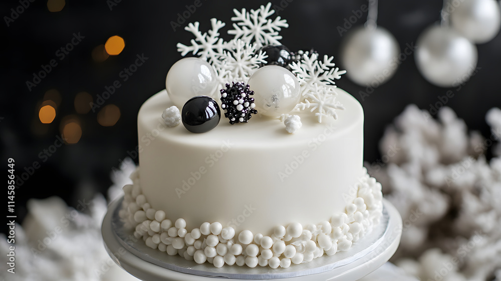 A festive cake adorned with snowflakes and decorative ornaments for winter celebrations. A festive cake adorned with snowflakes and decorative ornaments for winter celebrations.