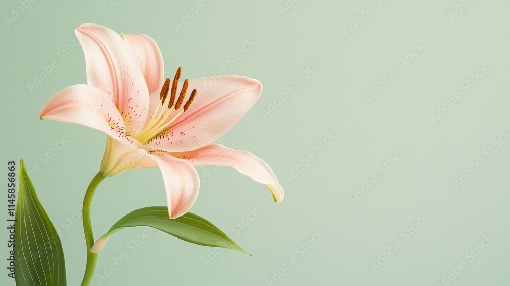 A single blush pink lily against a light sage green background, close-up shot, Minimalist style A single blush pink lily against a light sage green background, close-up shot, Minimalist style