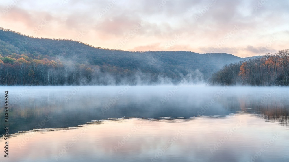 Fototapeta premium Stunning mountain lake at sunrise, its tranquil surface gently enveloped in a beautiful, serene fog