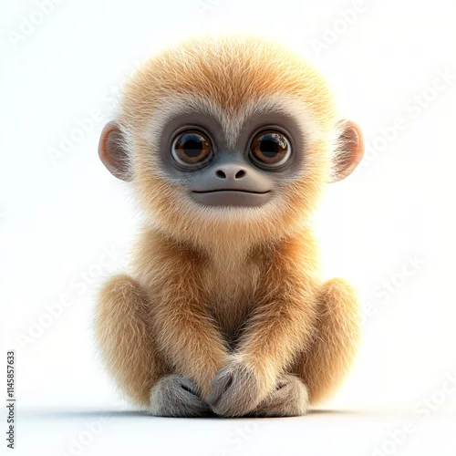 Fototapeta Adorable Baby Monkey Cute Primate Wildlife Animal Jungle Mammal Fluffy Fur Sitting Pose White