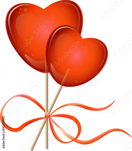 Heart-shaped lollipops. Two red lollipops with a bow. Heart-shaped candies in a flat style.

