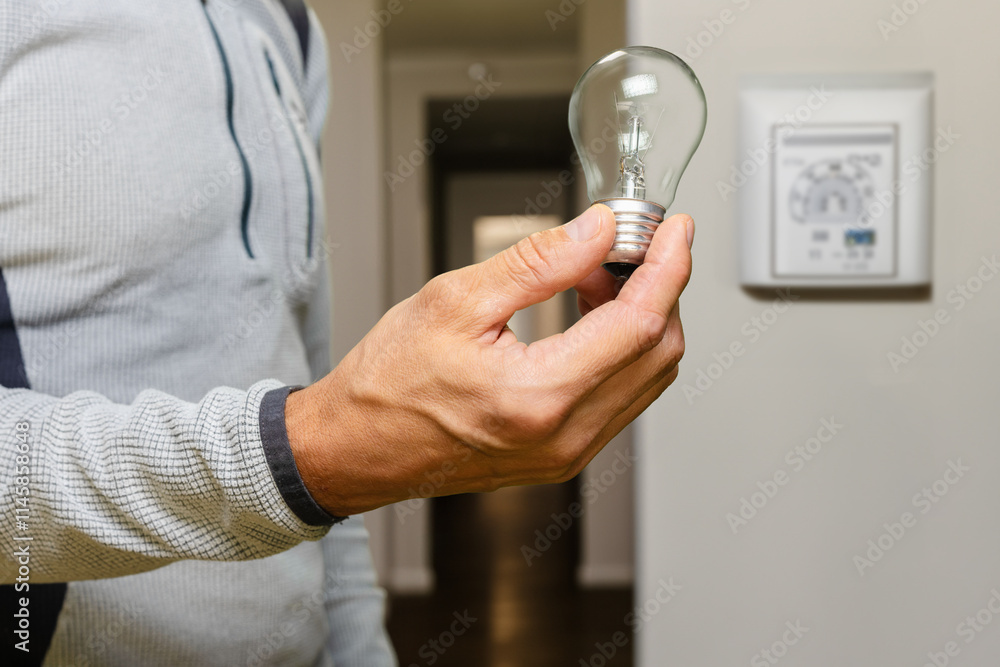 Closeup photo of professional electrician showing incandescent light bulb, Man holding incandescent lamp and electricity meter on background, focusing on energy saving in house or apartment Closeup photo of professional electrician showing incandescent light bulb, Man holding incandescent lamp and electricity meter on background, focusing on energy saving in house or apartment