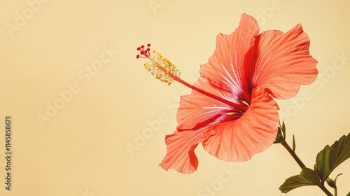 A single bold hibiscus flower with its petals spread wide against a soft pastel yellow background, side view shot, Minimalist style