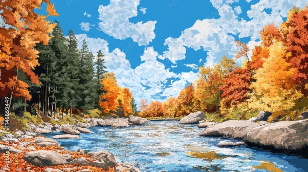 Naklejka premium Autumn landscape with vibrant leaves along a serene river under a bright blue sky showcasing nature's beauty and tranquility.