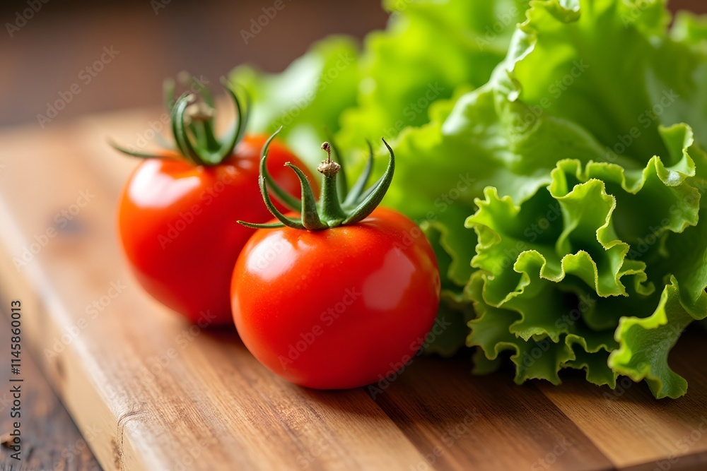 Fresh red tomatoes and crisp green lettuce on wooden cutting board Fresh red tomatoes and crisp green lettuce on wooden cutting board