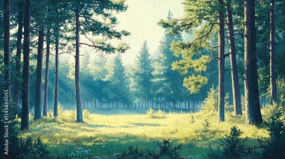 Obraz premium Tranquil pine forest in the afternoon sunlight showcasing vibrant natural scenery and serene greenery perfect for relaxation and exploration
