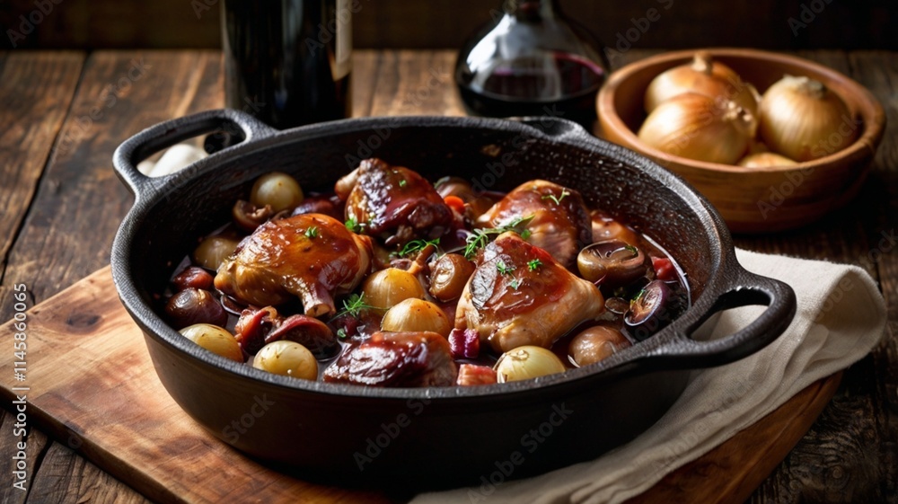 A rustic presentation of Coq au Vin in a cast iron pot, with tender chicken thighs, pearl onions, mushrooms, and crispy bacon, all bathed in a rich red wine sauce. A rustic presentation of Coq au Vin in a cast iron pot, with tender chicken thighs, pearl onions, mushrooms, and crispy bacon, all bathed in a rich red wine sauce.