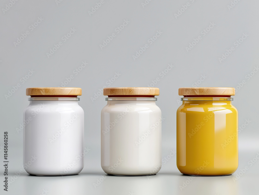 Three glass jars with wooden lids containing white and yellow substances, symbolizing eco friendly packaging Three glass jars with wooden lids containing white and yellow substances, symbolizing eco friendly packaging