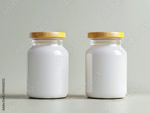 Two glass jars with wooden lids containing white liquid, symbolizing sustainable and eco friendly packaging