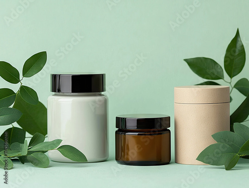 Eco friendly packaging with jars and bottles surrounded by green leaves symbolizing sustainability photo