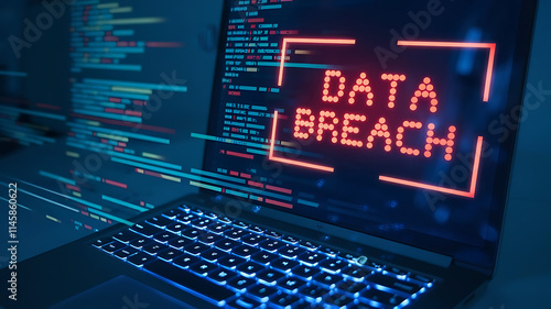 Cybersecurity Threat: Data breach, cybersecurity concept, hacking threat, cyber attack, laptop data security, information leak, red warning alert showing on laptop.