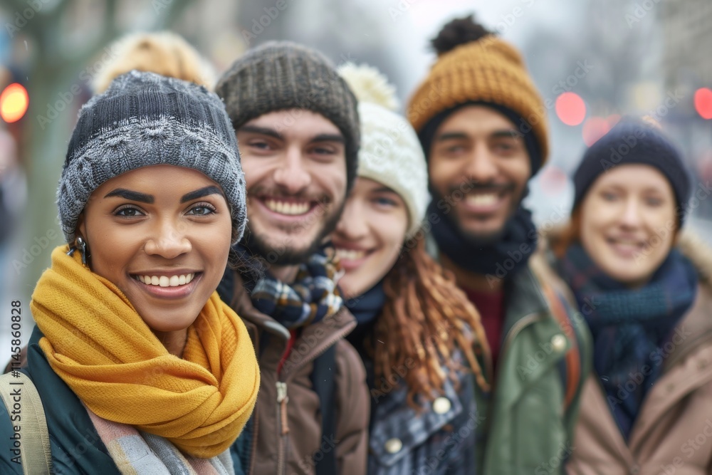 Portrait of smiling multiethnic friends in winter hats and scarves Portrait of smiling multiethnic friends in winter hats and scarves