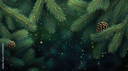 Festive winter banner featuring realistic tree branches with pine cones set against a blurred background for holiday design and eco-themed projects
