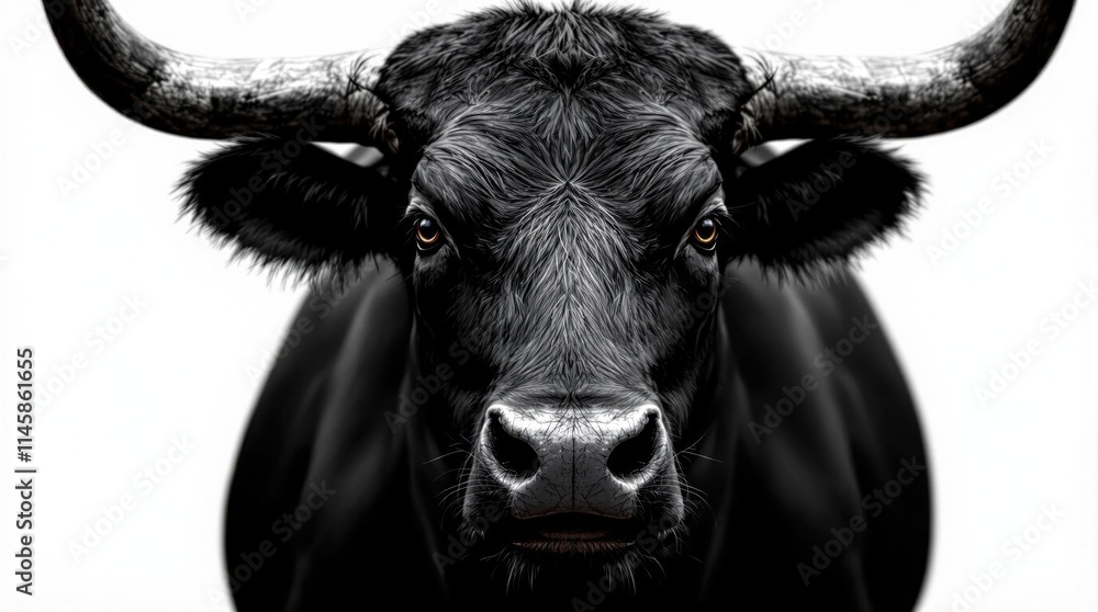 Powerful Black Bull Staring Intently on Minimalist White Background