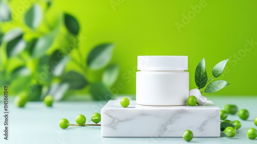 Elegant White Cream Jar on Marble Base with Green Leaves Background