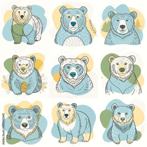 Cartoon vector set of brown grizzly bear, isolated on background. Flat design collection