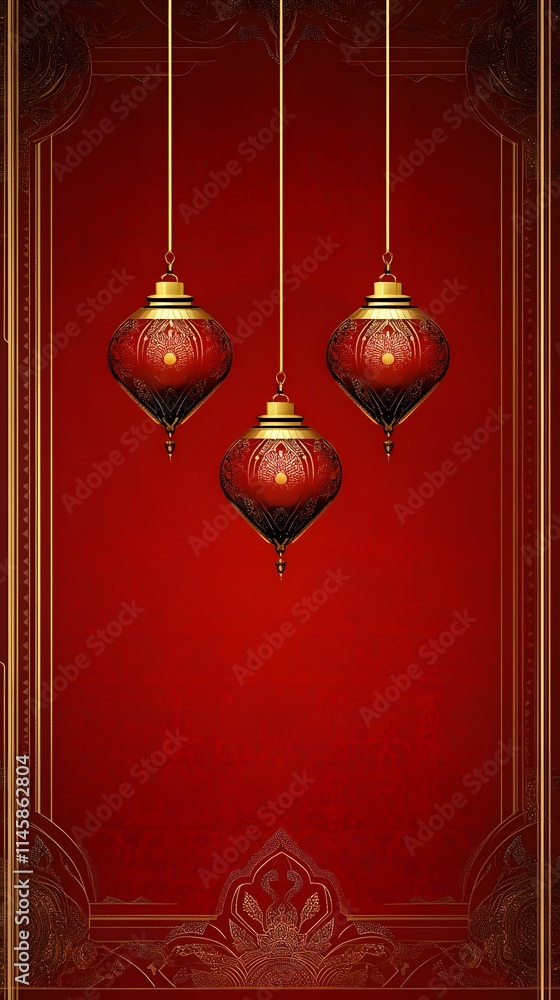 Elegant Red Background with Three Ornate Hanging Lanterns Elegant Red Background with Three Ornate Hanging Lanterns