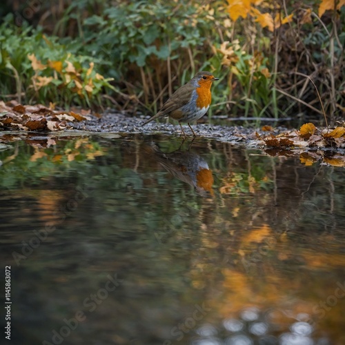A robin standing near a small pond, with water ripples and vibrant autumn foliage reflected in the water.
