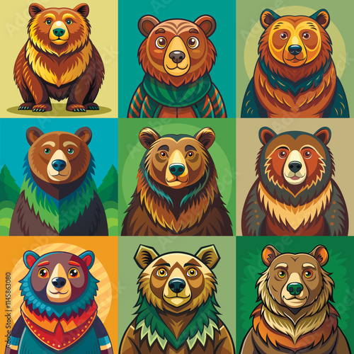 Cartoon vector set of brown grizzly bear, isolated on background. Flat design collection