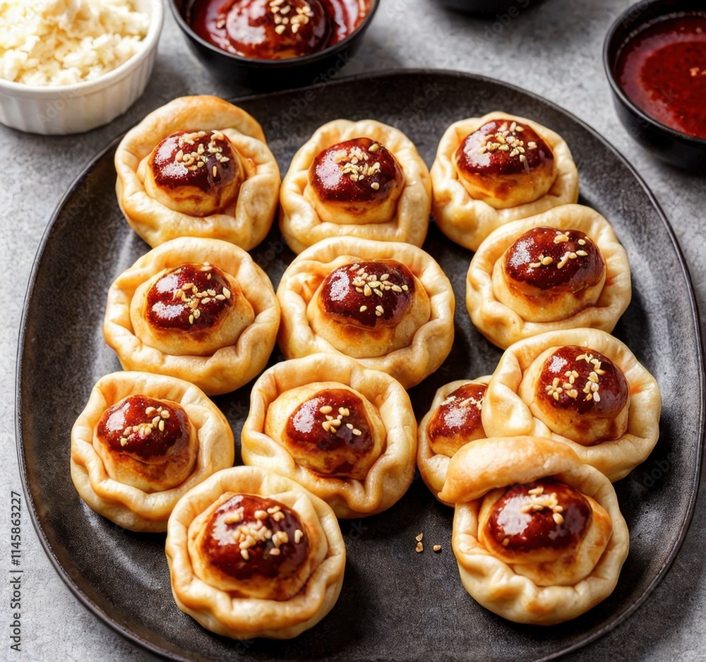 A platter of savory dumplings topped with sauce and garnished, ideal for sharing or snacking. A platter of savory dumplings topped with sauce and garnished, ideal for sharing or snacking.