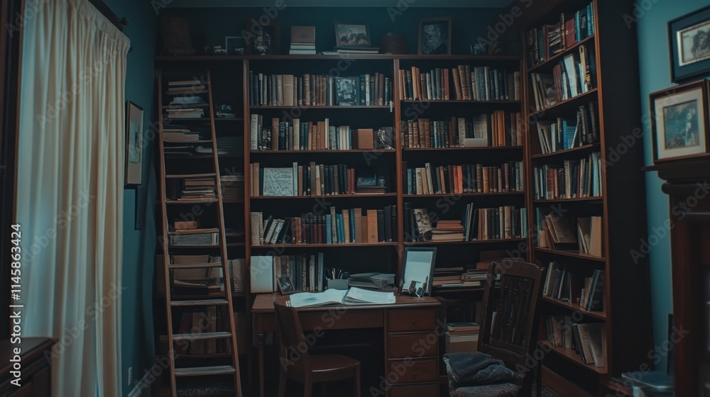 A dimly lit study filled with antique bookshelves, a wooden desk, chair, and ladder. A dimly lit study filled with antique bookshelves, a wooden desk, chair, and ladder.