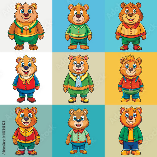 Cartoon vector set of brown grizzly bear, isolated on background. Flat design collection