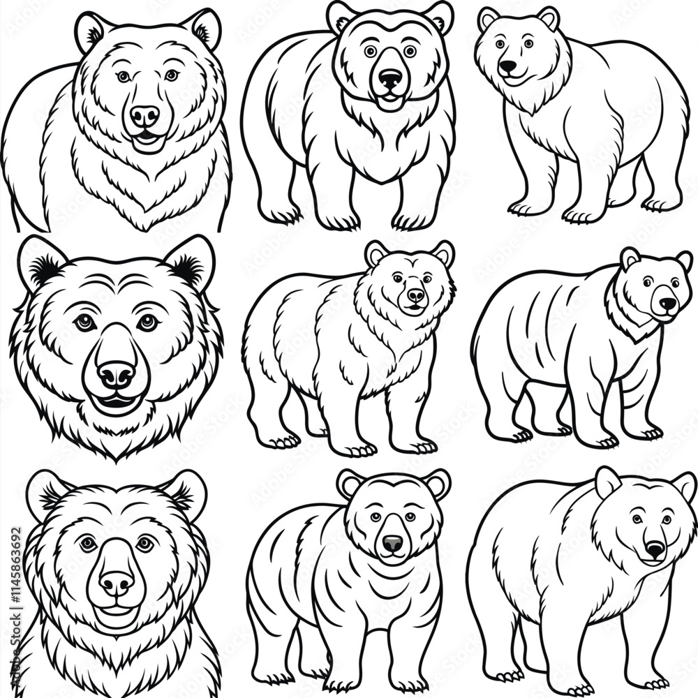 Obraz premium Cartoon vector set of brown grizzly bear, isolated on background. Flat design collection