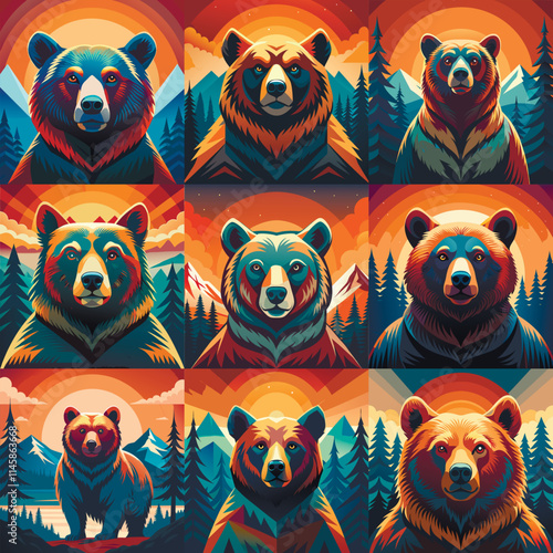 Cartoon vector set of brown grizzly bear, isolated on background. Flat design collection