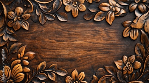 Intricate Floral Carving on Wooden Board Background for Vintage Decor or Craft Designs